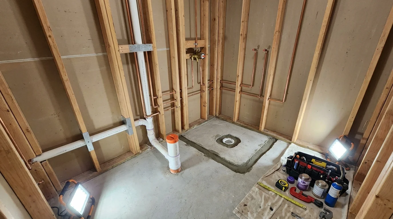 Bathroom rough-in plumbing during remodel by Johns Plumbing LLC in Atkinson