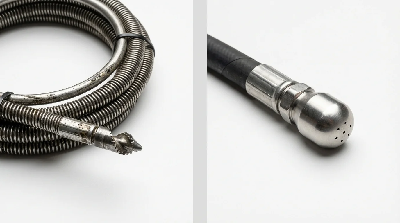 Drain snake cable and hydro jetting nozzle used for drain cleaning in Atkinson, NH