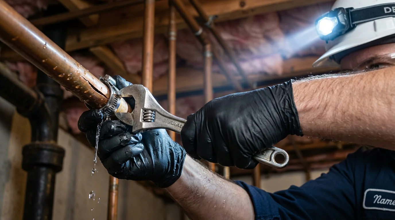 Emergency pipe clamp repair being performed by a Johns Plumbing LLC plumber in Atkinson