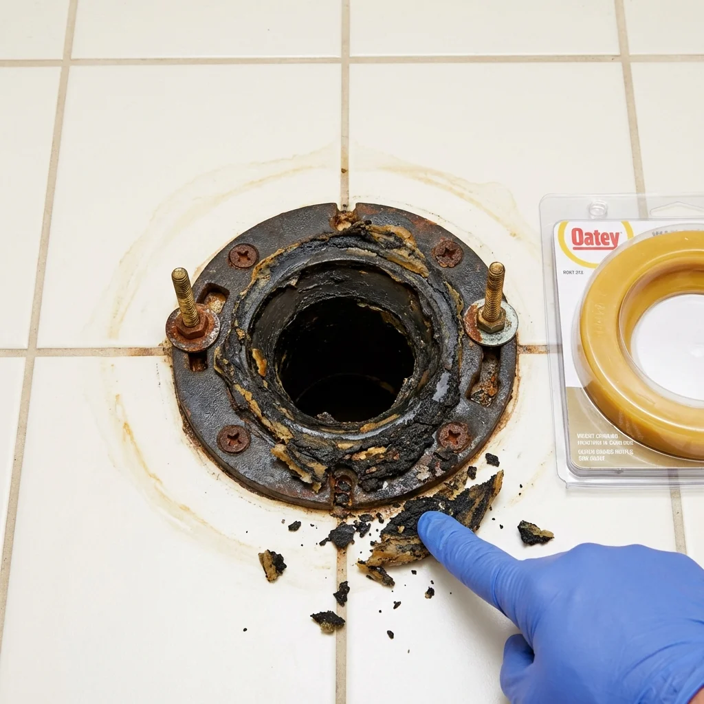 Failed wax ring showing water seepage at the base of a toilet in a Atkinson, NH home