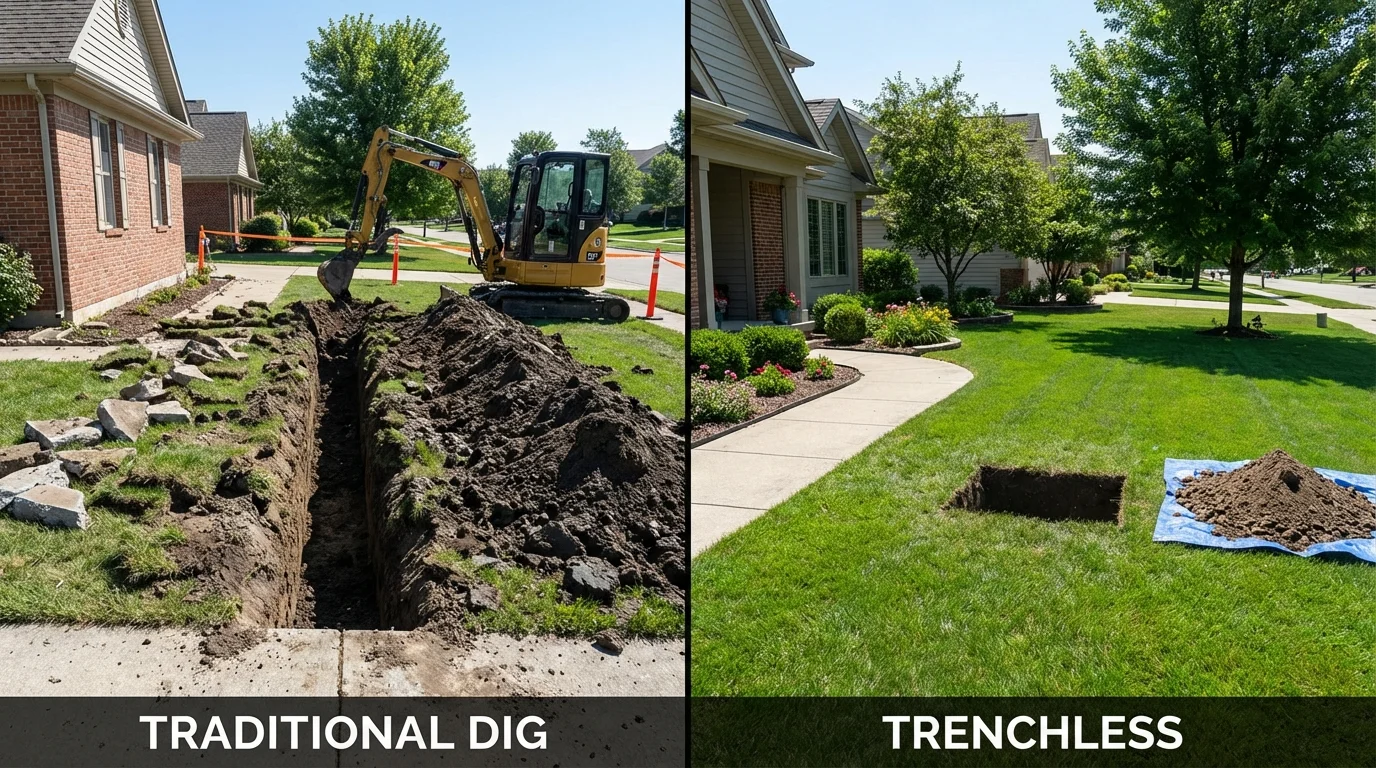 Trenchless sewer repair with minimal yard damage versus traditional excavation in Atkinson, NH